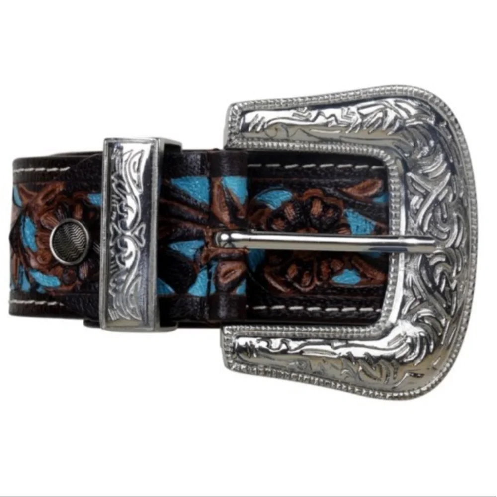 Myra turquoise hand tooled, painted leather belt